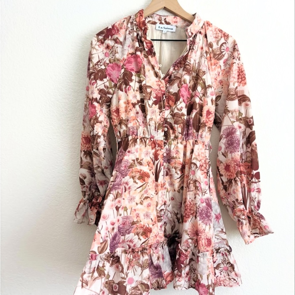 En Saison Floral Ruffle Long Sleeve Mini Dress